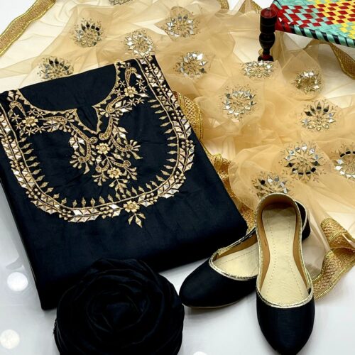 Elegant Unstitched 3-Piece Ladies Wedding Dress with Fancy Khussa – Kataan Mirror Work