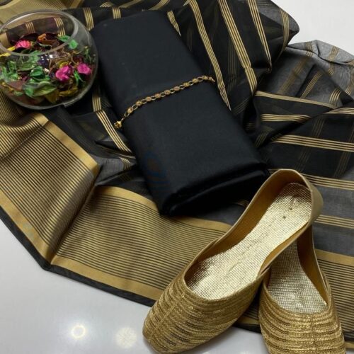 Fancy Unstitched Suit for Girls – Kataan Silk Shirt & Trouser with Organza Zari Dupatta and Golden Khussa