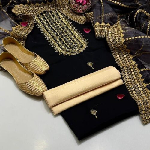 Kataan Mirror Work 3-Piece Unstitched Dress with Golden Khussa