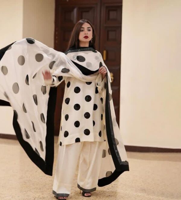3-Piece Organza Dress – Brush Pant Style Shirt & Dupatta with Kattan Patch Work | Elegant Formal Wear