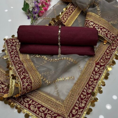 Elegant 3-Piece Unstitched Kataan Silk Dress with Organza Lining Work Dupatta