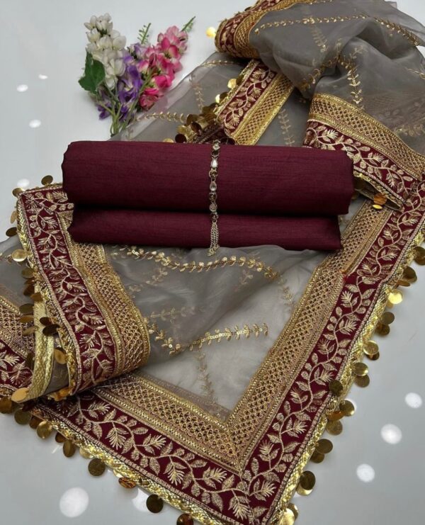 Elegant 3-Piece Unstitched Kataan Silk Dress with Organza Lining Work Dupatta