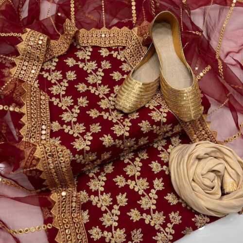 Unstitched Fancy Dress for Girls – Chiffon Shirt, Masoori Trouser, Organza Dupatta with Khussa