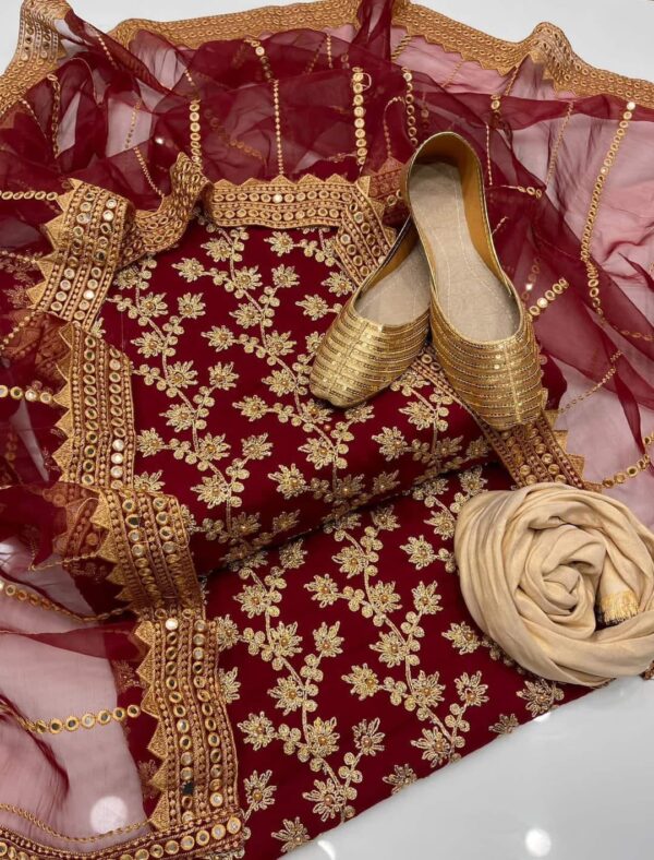Unstitched Fancy Dress for Girls – Chiffon Shirt, Masoori Trouser, Organza Dupatta with Khussa