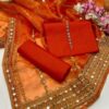 Unstitched 3-Piece Suit for Women – Kataan Silk Shirt & Trouser with Heavy Embroidered Organza Dupatta - Image 5