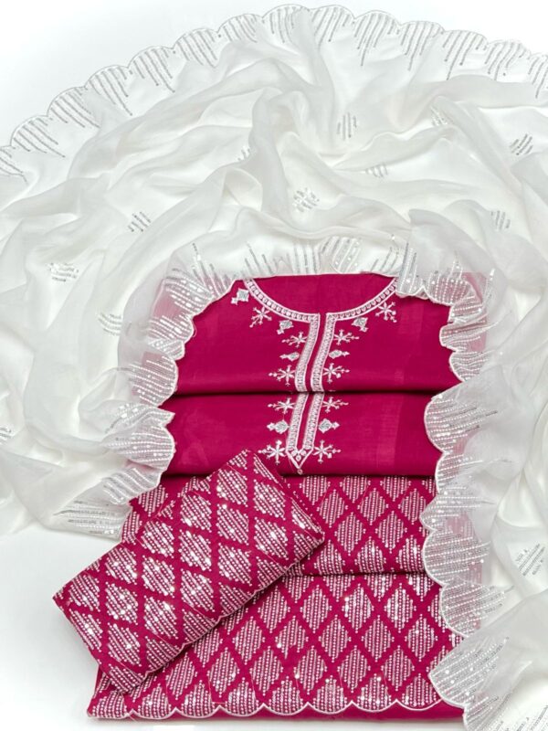 3PC Soft Cotton Lawn Dress – Sequin Embroidered Shirt, Contrasting Chiffon Dupatta & Trouser