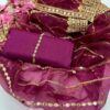 Unstitched 3-Piece Suit for Women – Kataan Silk Shirt & Trouser with Heavy Embroidered Organza Dupatta - Image 4
