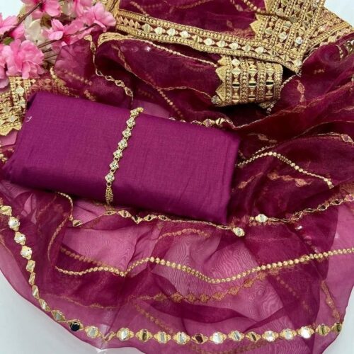 Unstitched 3-Piece Suit for Women – Kataan Silk Shirt & Trouser with Heavy Embroidered Organza Dupatta
