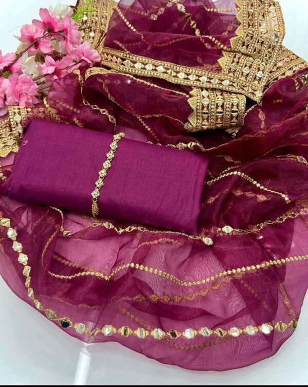 Unstitched 3-Piece Suit for Women – Kataan Silk Shirt & Trouser with Heavy Embroidered Organza Dupatta
