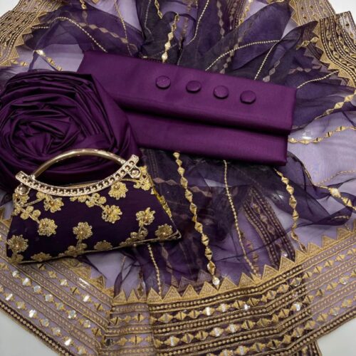 New Fancy 4-Piece Dress Collection – Kataan Silk Shirt & Trouser with Embroidered Organza Dupatta and Clutch