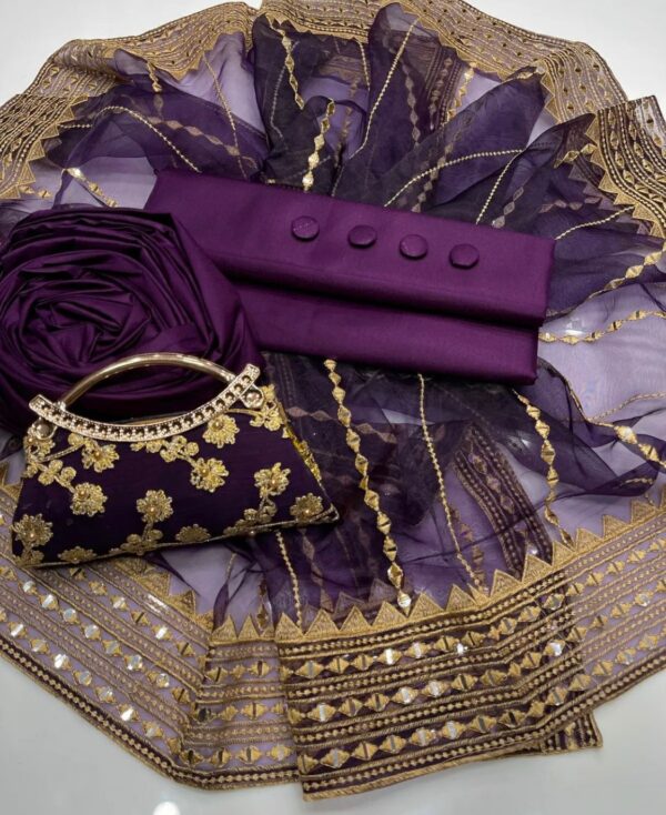 New Fancy 4-Piece Dress Collection – Kataan Silk Shirt & Trouser with Embroidered Organza Dupatta and Clutch