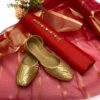 Fancy Unstitched Suit for Girls – Kataan Silk Shirt & Trouser with Organza Zari Dupatta and Golden Khussa - Image 4