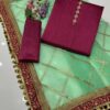 Elegant 3-Piece Unstitched Kataan Silk Dress with Organza Lining Work Dupatta - Image 12