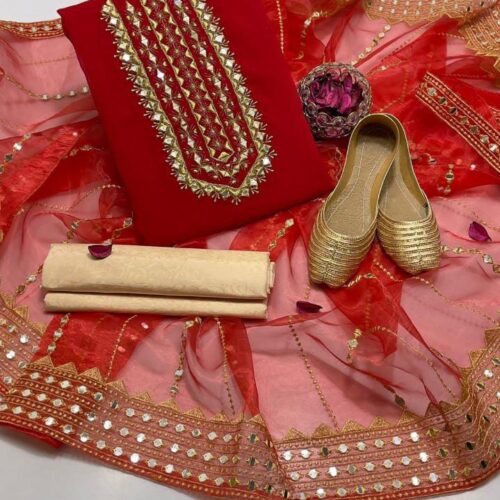 New Women’s Fashion Clothing Collection - Kataan Shirt, Masoori Trouser & Organza Dupatta with Golden Khussa