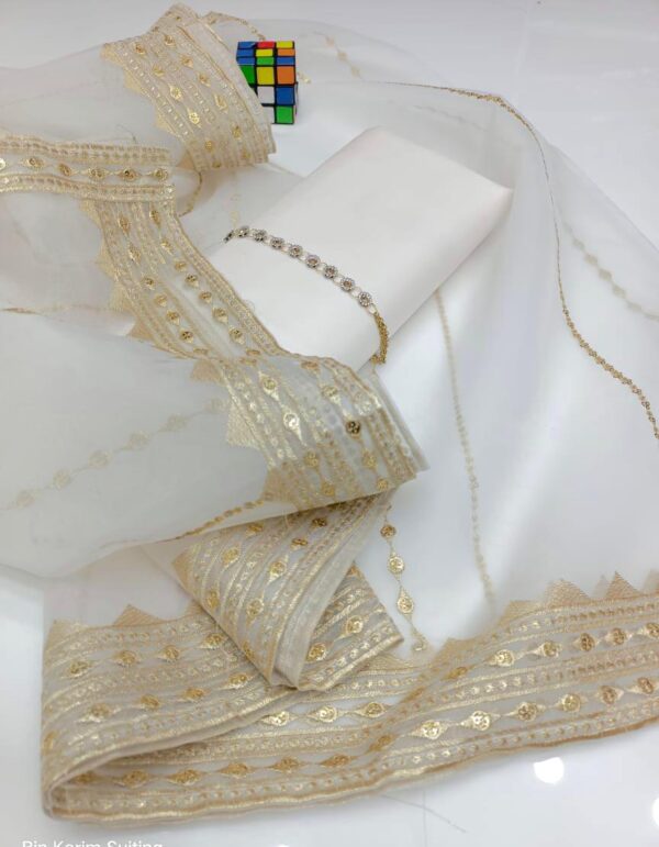 3-Piece Unstitched Dress for Women - Kataan Silk Shirt & Trouser with Organza Embroidered Dupatta and Neckline
