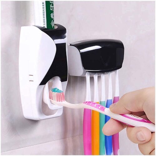 Wall-Mount Toothpaste Dispenser & 5-Slot Toothbrush Holder